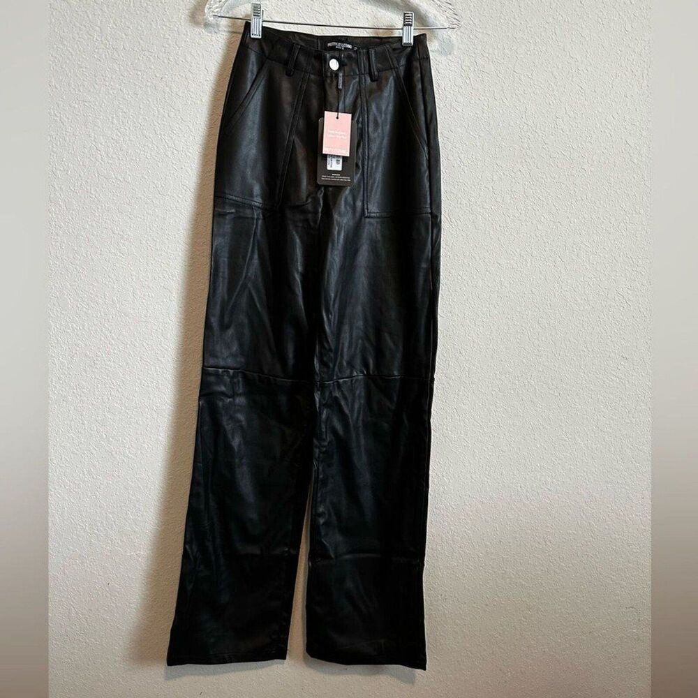 PRETTYLITTLETHING Black leather Wide Leg Pants Size Petite 0‎